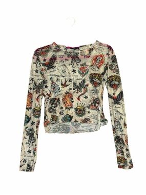 Ed Hardy Tattoo Print Mesh Long Sleeve Top Size Medium Y2K